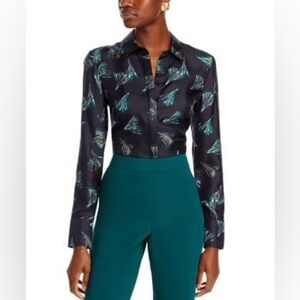 Lafayette 148 New York Silk Scottie Blouse 2X Palm Print on Navy Excellent